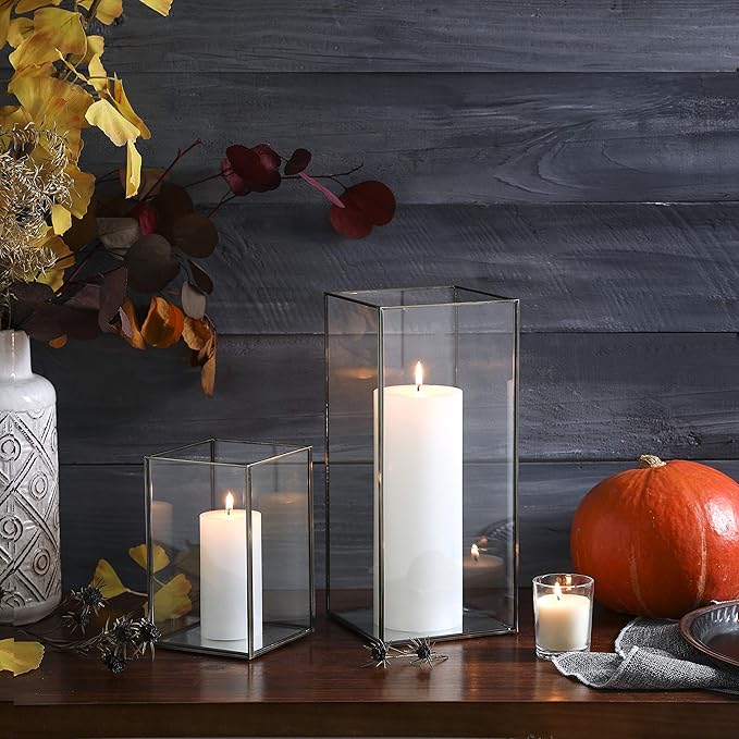 Set of 3 Square Glass Hurricane Candle Holders, Clear Glass Framed in Vintage Brass, Pefect for Spa, Hotel, Festival, Home Decoration,(Bronze Fram Finsh)