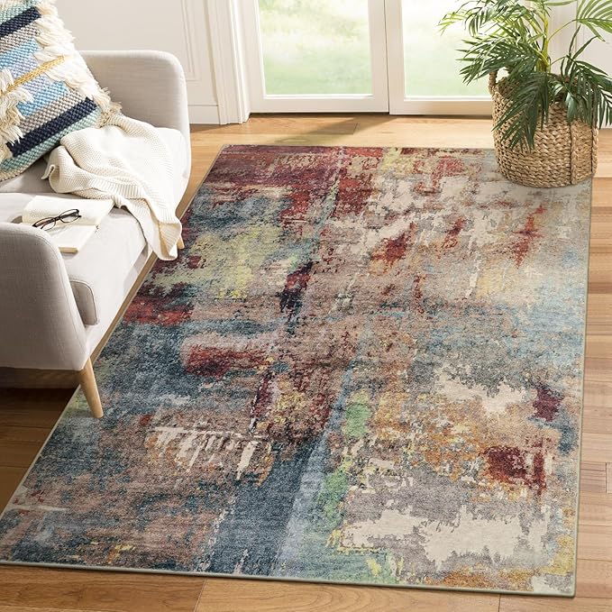 Lahome Modern Abstract Area Rug - 3x5 Washable Bedroom Rug Soft Throw Entry Mat Non-Slip, Contemporary Faux Wool Stain Resistant Floor Carpet for Living Room Kitchen Chair Door,Red/Multi