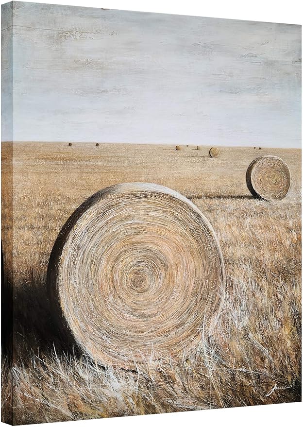 Yihui Arts Rustic Canvas Wall Art Hand Painted Hay Bales Pictures Modern Abstract Vintage Oil Paintings Vertical Artwork for Living Room Bedroom Bathroom Decor