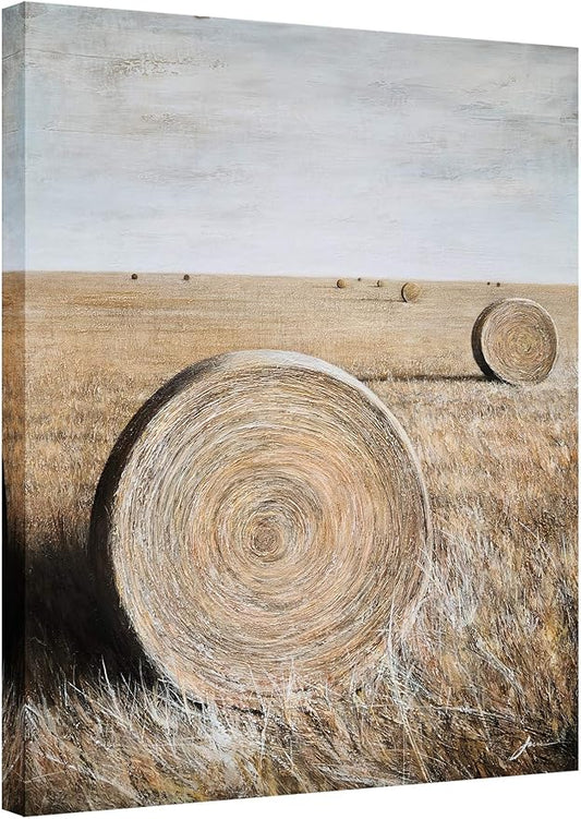 Yihui Arts Rustic Canvas Wall Art Hand Painted Hay Bales Pictures Modern Abstract Vintage Oil Paintings Vertical Artwork for Living Room Bedroom Bathroom Decor