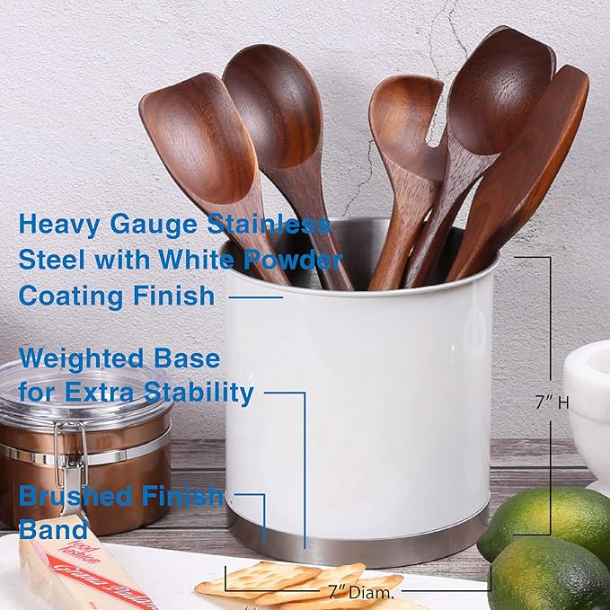 Creative Home Stainless Steel Utensil Holder– 7" Extra Large Cooking Tool Organizer for Kitchen Decor and Countertop Storage, Stable Anti-Tip Design, Durable Powder-Coated Finish, White