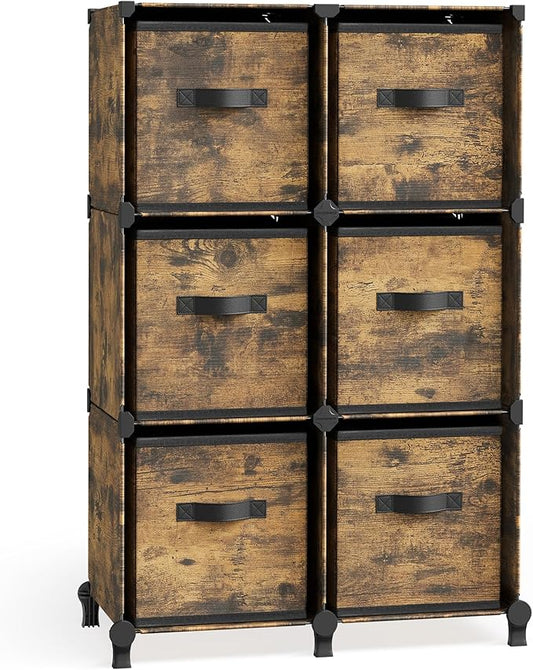 SONGMICS Cube Storage Organizer with Storage Boxes, Set of 6-Cube Organizer, 6 Collapsible Non-Woven Fabric Bins, Customizable, Space-Saving, Bedroom, Rustic Brown ULPC062K01