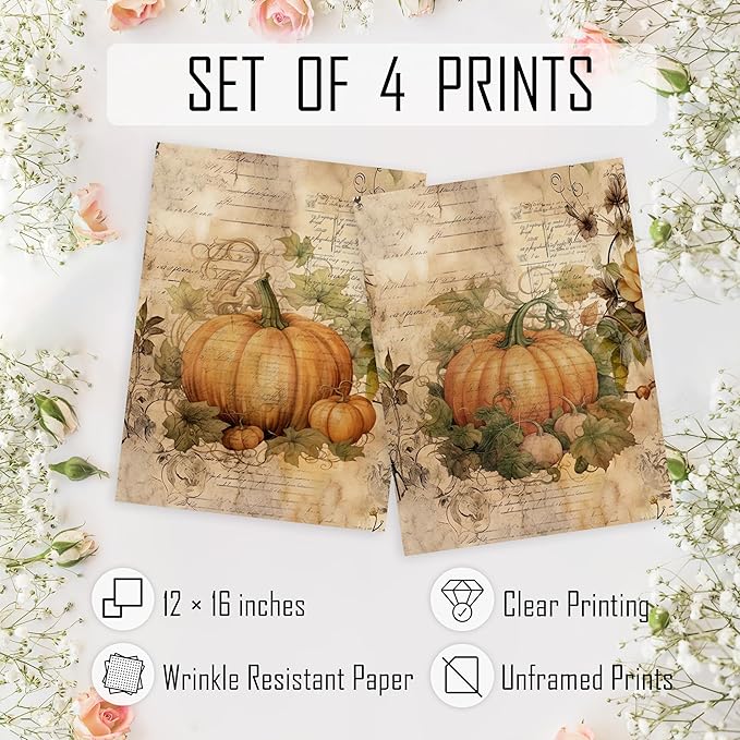 HRQKO Vintage Fall Wall Art Poster Prints Set of 4, Pumpkin Farmhouse Artwork for Home Bedroom Kitchen Decor, 12"x16" Unframed