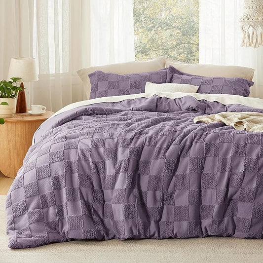 Bedsure Queen Size Comforter Set Grayish Purple, Boho Tufted Bed Set, Checkered Farmhouse Shabby Chic Bedding, 3 Pieces, 1 Plaid Geometric Comforter and 2 Pillow Shams
