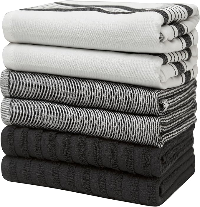 Premium Kitchen Towels 20”x 28”- 6 Pack | Large Cotton Kitchen Towels | Hand Towels for Kitchen | Flat & Terry Towel | Dish Towels | Highly Absorbent Tea Towel with Hanging Loop | Black Striped