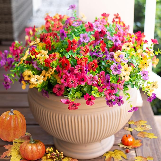 Artificial Flowers for Outdoor Indoor Garden Home Decoration, Faux Flower Daisy with Eucalyptus Leaves Fake Plants Greenery Boxwood Porch Patio, 12 Bundles (Mix Pink Red Purple Yellow)