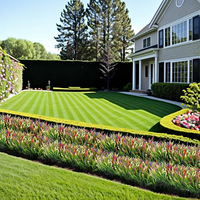 Artificial Faux Plants Flowers for Outdoor Decorations, Fake Monkey Grass for Outside Porch Patio, No Fade Realistic Greenery Plant, UV Resistant Artificial Shrubs for Courtyard Window Garden