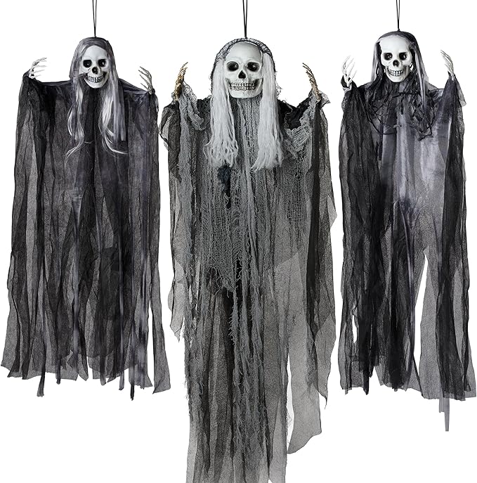 JOYIN 3 Pack Hanging Halloween Skeleton Ghosts Decorations Outdoor, Grim Reapers for Best Halloween Outdoor Decorations, Haunted Haunted House Prop, Party Supplies