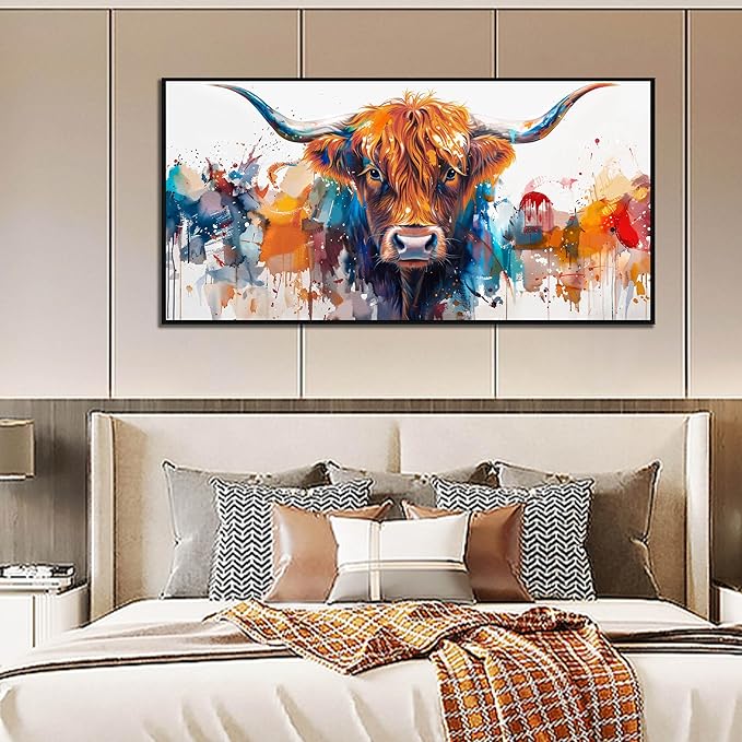 ZHAOSHOP Highland Cow Pictures Wall Decor for Living Room - Graffiti Wall Art for Office - Framed Canvas Wall Art for Bedroom Size 29" x 59"