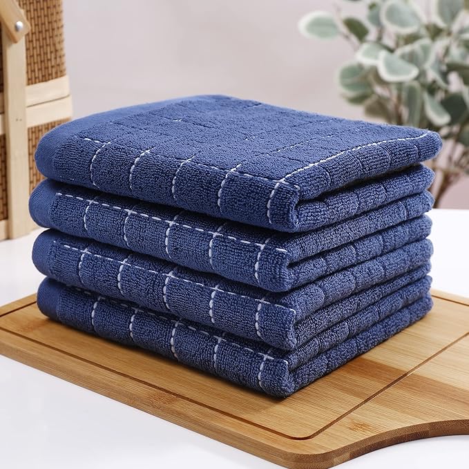 Homaxy 100% Cotton Terry Kitchen Towels(Navy Blue, 13 x 28 inches), Checkered Designed, Soft and Super Absorbent Dish Towels, 6 Pack