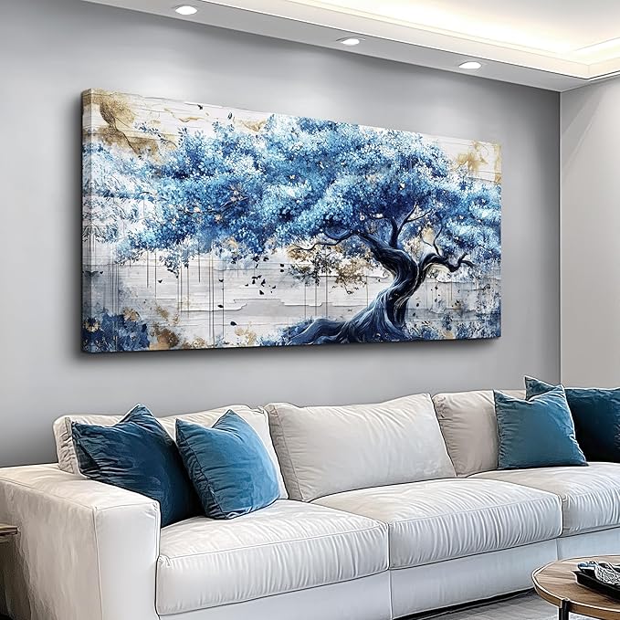 ERQINHUA Large Canvas Wall Decor For Living Room Wall Art For Bedroom Office Decor Blue Tree Wall Paintings Farmhouse Abstract Watercolour Pictures Artwork Home Decor Ready To Hang Posters 30"X60"