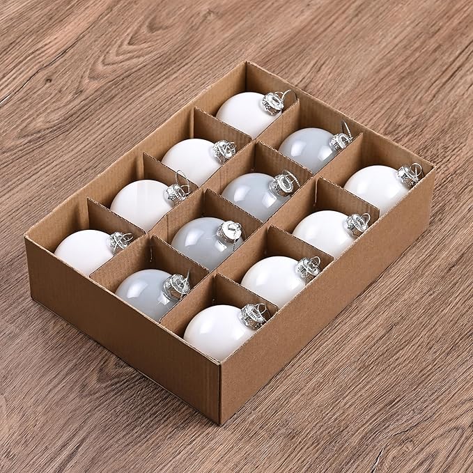 White Glass Christmas Ornaments for Tree, Matte, Shiny, Clear Ball Ornaments, 12 Pcs Ivory Xmas Balls for Home Decoration, Thanksgiving, Party, DIY Gift