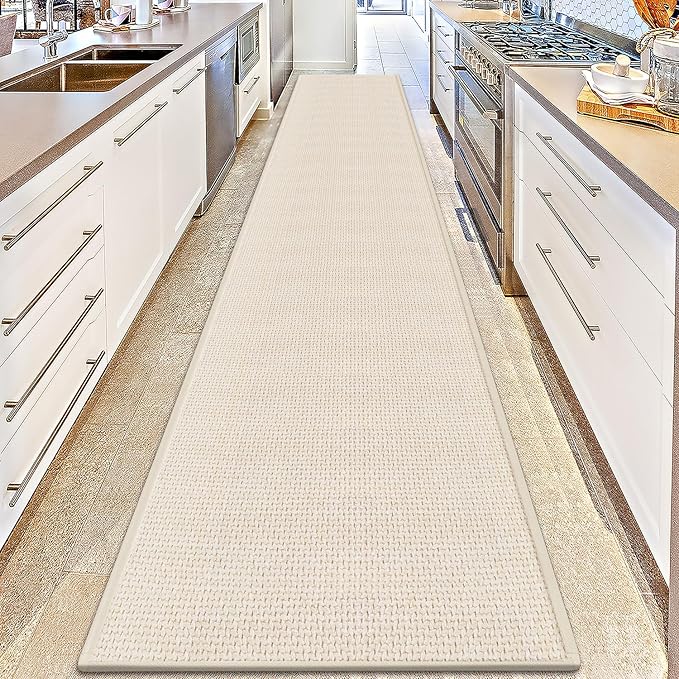 GOYLSER 12 Foot Kitchen Floor Runner Kitchen Sink Floor Mat with Rubber Backed, Absorbent Laundry Room Mat, Beige Hall Runner Long Non Slip