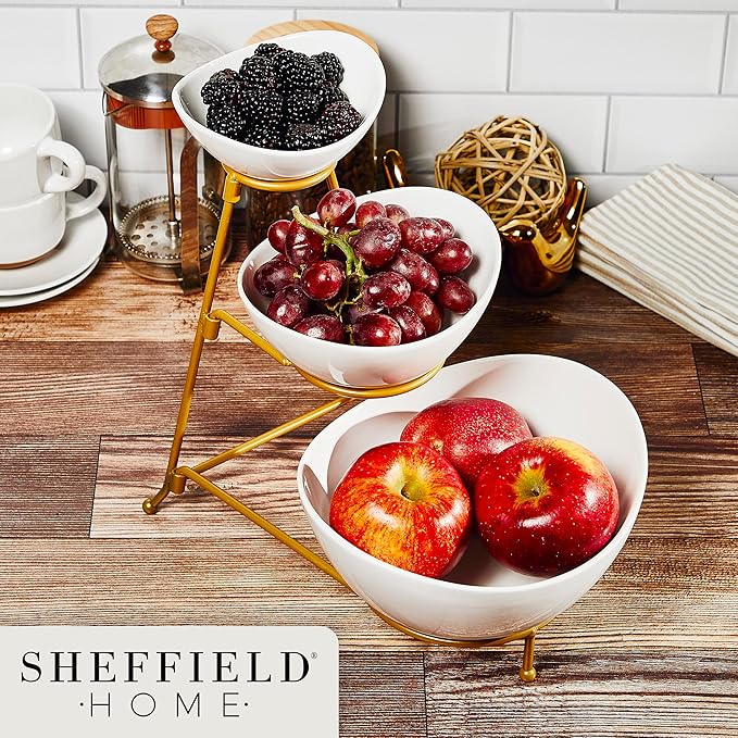 3 Tier Large Serving Bowls Set - Microwave & Dishwasher Safe Stoneware Fruit Bowl with Collapsible Gold Metal Stand - Bowls for Kitchen, Dinner Parties, Desserts, Chip and Dip & Side Dishes (White)