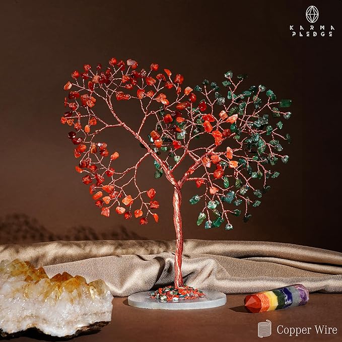 Crystal Tree for Home and Office Decoration, Carnelian & Green Aventurine Healing Stones Handmade Tree of Life for Positive Energy, Money, Good Luck, Christmas Decor, Birthday Gifts for Women, Mom