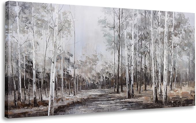 White Birch Tree Wall Art Grey Forest Painting Abstract Canvas Art Landscape Panoramic Picture Nature Artwork Framed for Living Room Bedroom Dinning Room Home Office Wall Decor 48"x24"