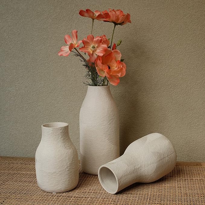 Ceramic Vases for Home Decor - Matte White Textured Vase Set of 3, Decorative Vases for Flowers, Pampas Grass Arrangement, Table Centerpieces, Office and Living Room Boho Decor
