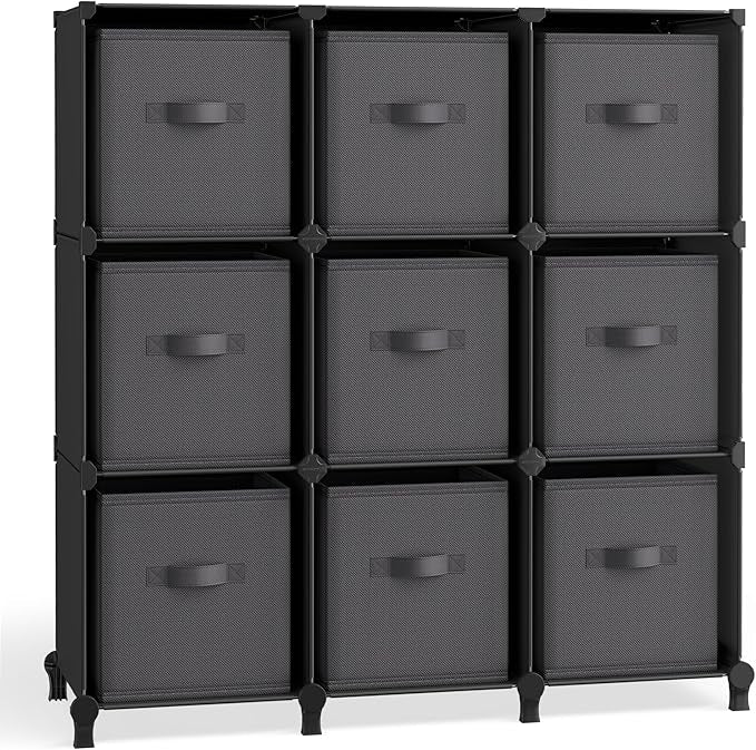 SONGMICS Cube Storage Organizer with Storage Boxes, Set of 9-Cube Organizer, 9 Collapsible Non-Woven Fabric Bins, Customizable, Space-Saving, Bedroom, Ink Black and Dove Gray ULPC092B01