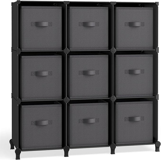 SONGMICS Cube Storage Organizer with Storage Boxes, Set of 9-Cube Organizer, 9 Collapsible Non-Woven Fabric Bins, Customizable, Space-Saving, Bedroom, Ink Black and Dove Gray ULPC092B01