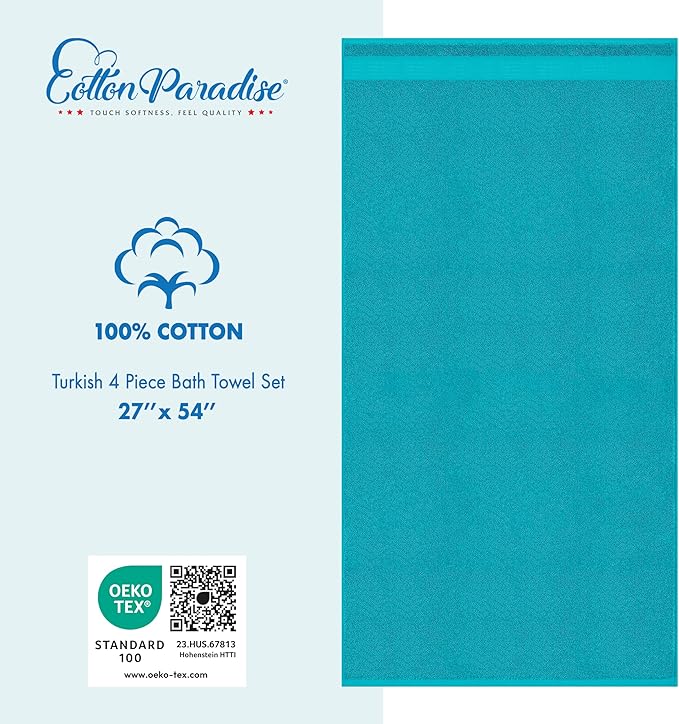 Cotton Paradise 4 Piece Turkish Bath Towels for Bathroom, 100% Cotton Extra Large Soft Plush Towels Bathroom Set, Aqua Blue