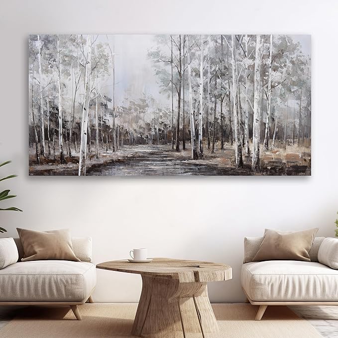 White Birch Tree Wall Art Grey Forest Painting Abstract Canvas Art Landscape Panoramic Picture Nature Artwork Framed for Living Room Bedroom Dinning Room Home Office Wall Decor 40"x20"