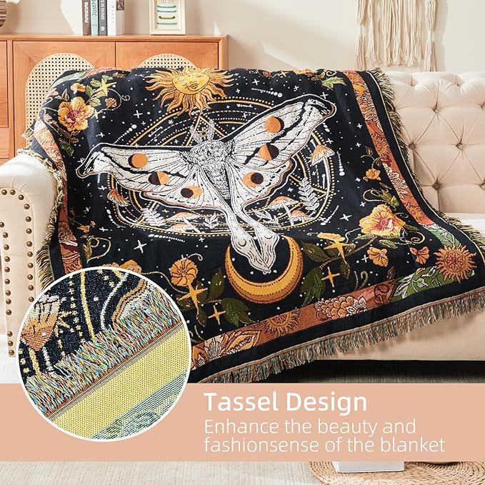 Boho Throw Blanket Reversible Cotton Bohemian Tapestry Hippie Room Decor Outdoor Blanket Double Sided (Black Butterfly 50"x60")