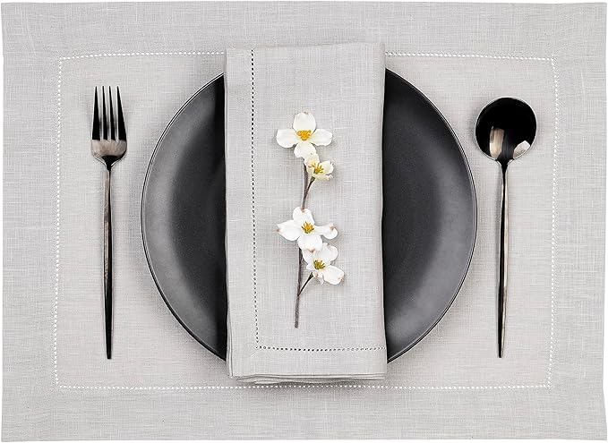 D'Moksha Homes Silver Grey Linen Cloth Placemats Set of 4-100% Pure Linen Hemstitch Placemats 14 x 19 Inch - Classic Hemstitch Table Place Mats for Fall, Halloween - Handcrafted and Machine Washable