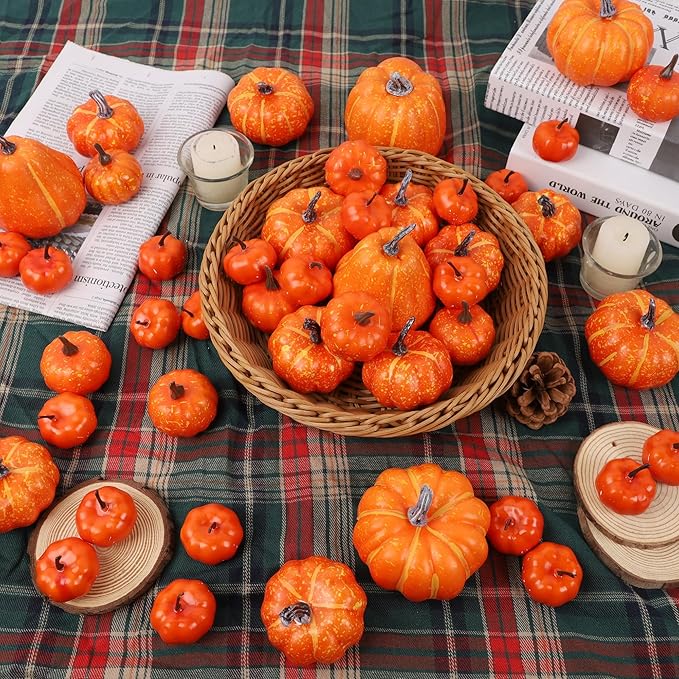 winemana 46 Pcs Assorted Size Artificial Pumpkins Fall Decorations, Orange Foam Pumpkin Autumn Decor, Decorative Faux Pumpkin for Harvest Thanksgiving Table Centerpiece Mantle Bowl Wedding Party