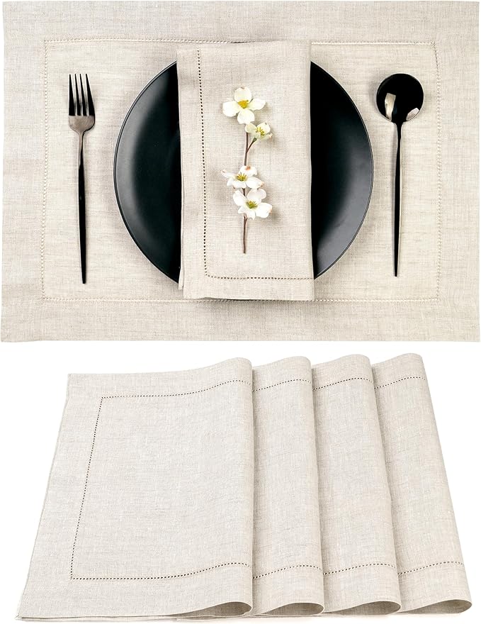 D'Moksha Homes Light Natural Linen Cloth Placemats Set of 4-100% Pure Linen Hemstitch Placemats 14 x 19 Inch - Classic Hemstitch Table Place Mats for Fall, Halloween - Handcrafted, Machine Washable