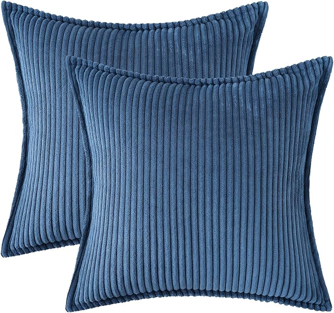 Mecatny Corduroy Throw Pillow Covers 20x20 Set of 2, Neutral Decorative Soft Boho Couch Pillow Covers with Broadside for Sofa Living Room, Navy
