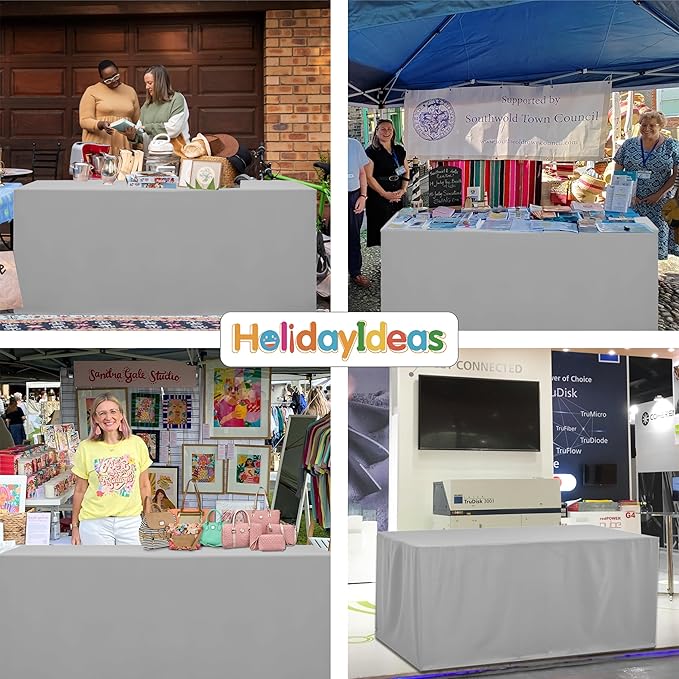 HolidayIdeas Open Back Fitted Tableclothss for 8 Foot Rectangle Table, Wrinkle Resistant Washable Table Covers 96x30 Inch for Craft Fairs, Banquets, Trade Show Display, Siver Grey,4 Pcs