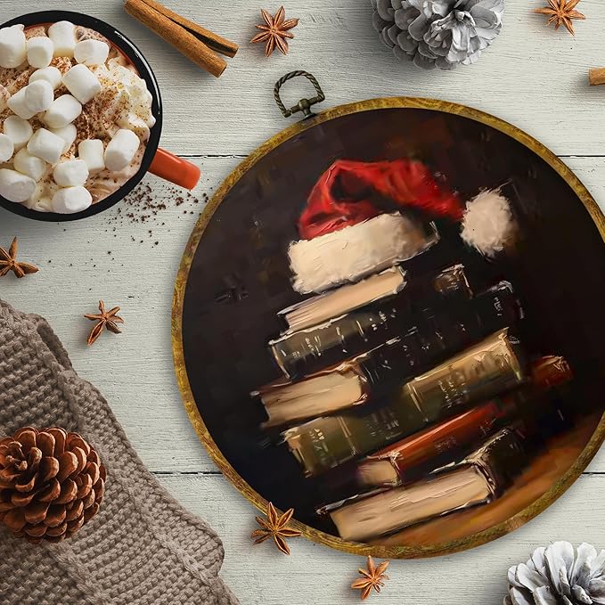 CUANFDDSF Vintage Christmas Book Round Wall Art Decor, Dark Moody Reading Bookish Wall Hanging Frame Decor, Antique Christmas Holiday Canvas Prints Decorations for Reading Room Library, 10x10 Inch