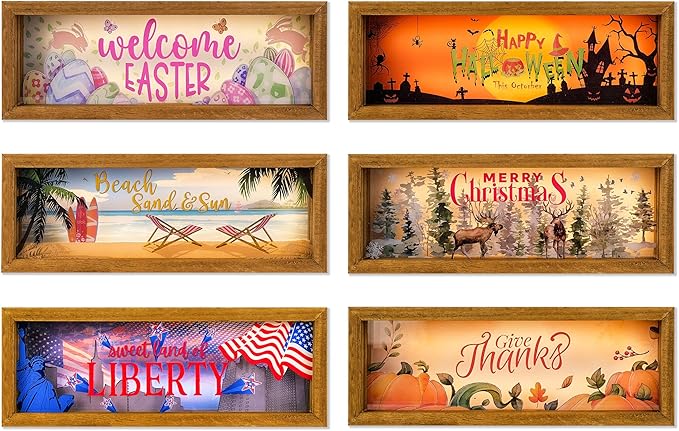 SAILINGSTORY Interchangeable Holiday Decor 6 Seasonal Decor Night Light Shadow Box Easter Summer 4th of July Halloween Thanksgiving Christmas Decorations