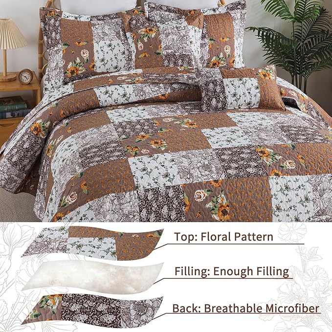 VAPUTAR Quilts Queen Size, Fall Patchwork Bedding Set with Floral Pattern, Soft and Breathable Coverlet Set, Lightweight Reversible Bedspread Suitable for All Season (90X98 inch, Brown)