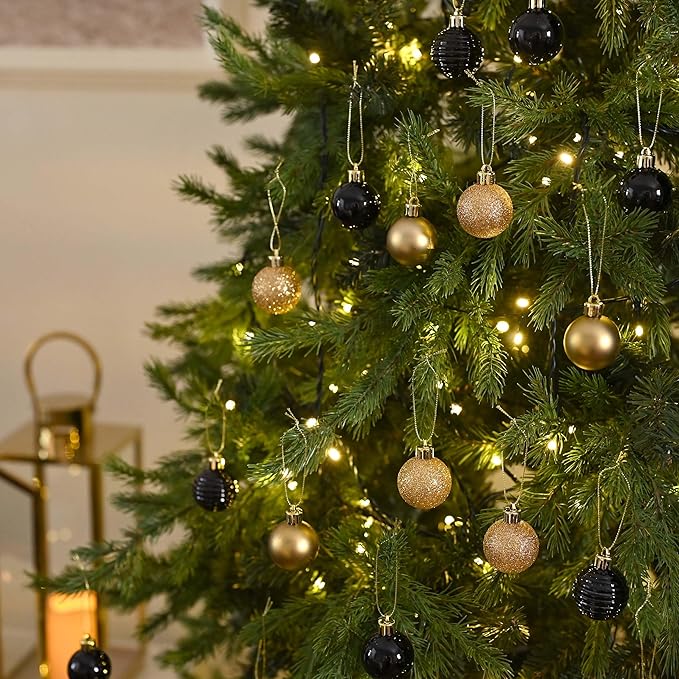 Valery Madelyn 1.57 Inches Small Christmas Tree Decorations Ornament Set for 4th of July Fall Halloween, 24ct Black and Gold Shatterproof Hanging Ball Ornaments Holiday Party Decor