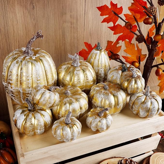 winemana 12 Pcs Thanksgiving Pumpkin Decorations, Assorted Sizes Artificial Foam Golden Pumpkins Fall Autumn Decor for Harvest Table Home Indoor Outdoor