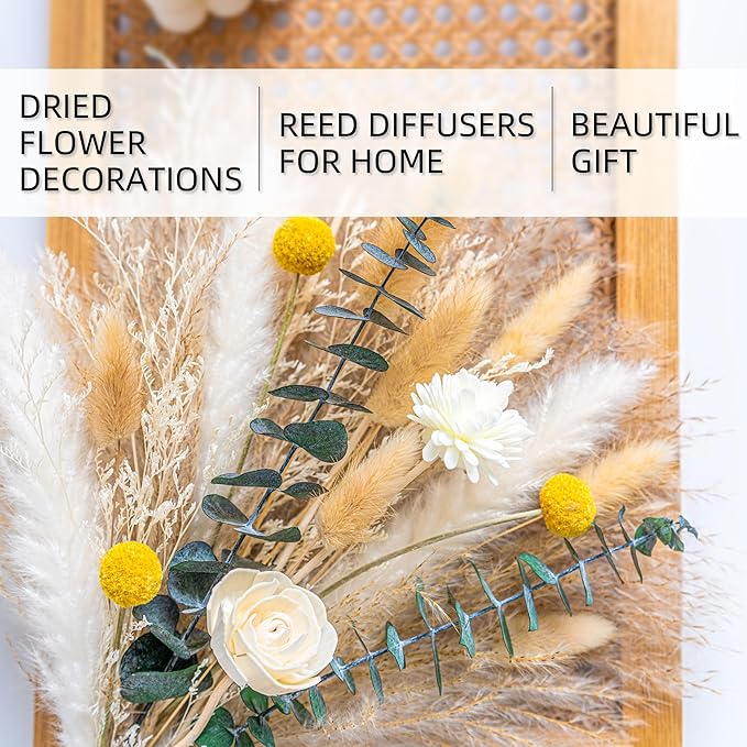 Dried Flowers kit Reed Diffuser for Home Decor (White Ceramic Vase Included) Boho Decor , Eucalyptus Pampas Grass Bunny Tail Arrangements,Table Room Decor Wedding Party Birthday