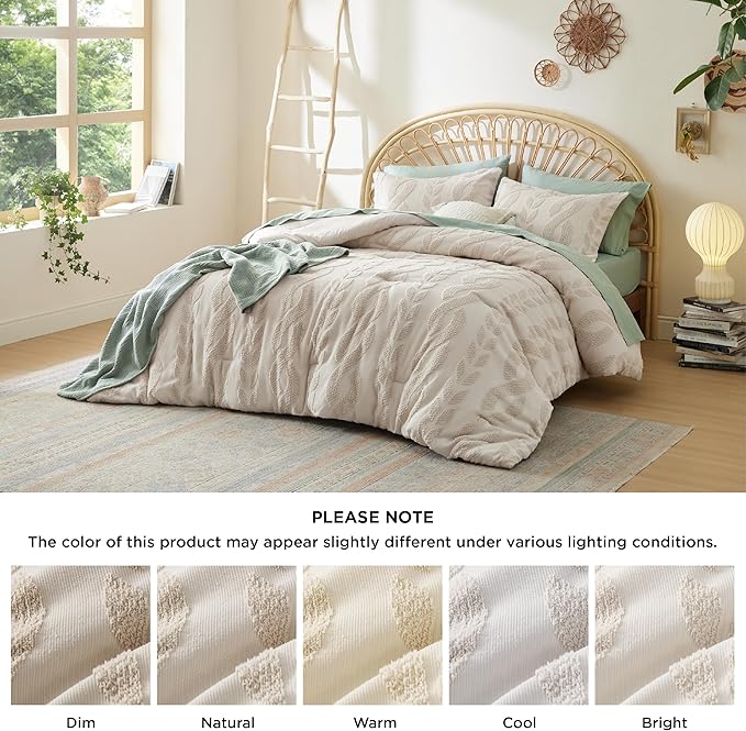 Bedsure Twin/Twin XL Size Comforter Set Beige, Boho Tufted Bed Set, Farmhouse Jacquard Cable Knit Pattern Bedding, 2 Pieces, 1 Shabby Chic Fluffy Comforter & 1 Pillow Sham