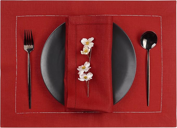 D'Moksha Homes Red Linen Placemats Set of 4 - Classic Hemstitch Placemats 14 x 19 Inch - 100% Pure Linen Table Mats for Fall, Autumn and Halloween - Handcrafted and Machine Washable