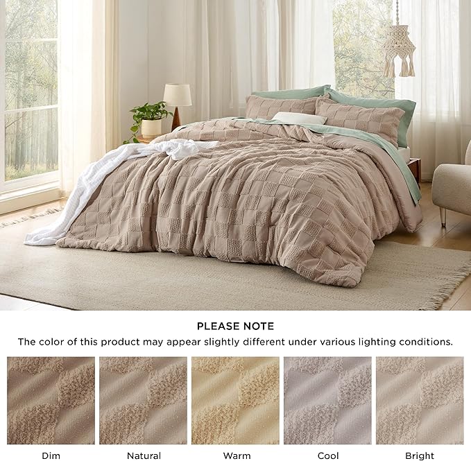 Bedsure Queen Size Comforter Set Khaki, Boho Tufted Bed Set, Checkered Farmhouse Shabby Chic Bedding, 3 Pieces, 1 Plaid Geometric Comforter and 2 Pillow Shams