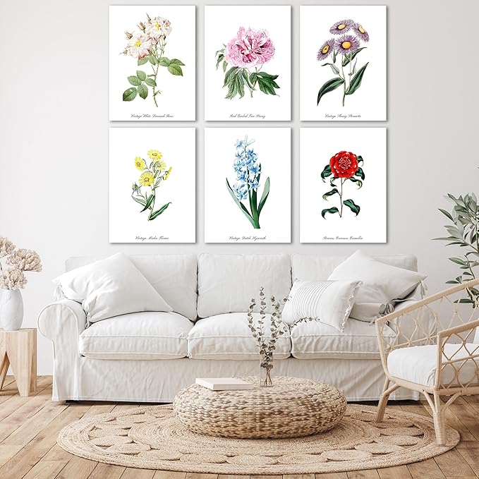 COSCTOR Set of 6 Botanical Floral Wall Art Decor Vintage Flower Market Canvas Framed 6 Pieces Green Plant Sage Minimalist for Bedroom Living Room Bathroom Hallway Home Decoration(Framed, 12x16)