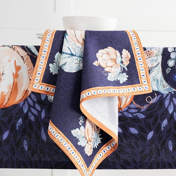 Maison d' Hermine Cloth Napkins Set of 4 100% Cotton Everyday Reusable Square Napkins Cloth Washable, Dinner, Party, Wedding, Restaurant (Pumpkin Blues, 20" x 20")