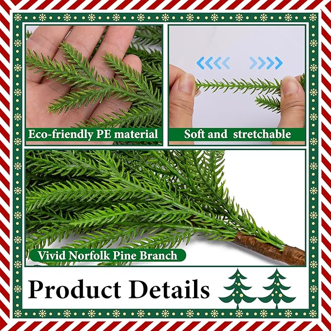 20 Pcs Christmas Norfolk Pine Branches, 19" Extra Length Artificial Xmas Branches Plants Pine Needles, Fake Greenery Norfolk Pines Stems Sprigs for DIY Craft Garland Home Garden Decor