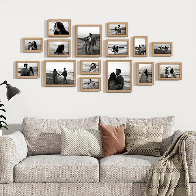 15 Pack Picture Frames Collage Wall Decor, Gallery Frame Set for Wall Mounting or Tabletop Display, Multi Sizes Including 3pcs 8x10, 6pcs 5x7, 6pcs 4x6, Oak
