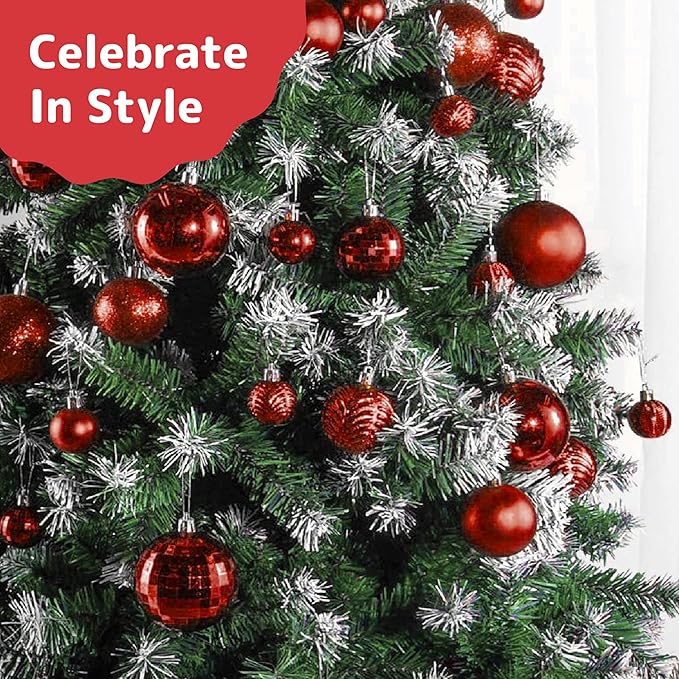 Prextex 36pc Shatterproof Red Christmas Balls Ornament Set - Festive Christmas Tree Ornaments in 3 Different Sizes and 6 Styles - Holiday Decoration with Hanging Loops for Tree, Wreath, Party Decor
