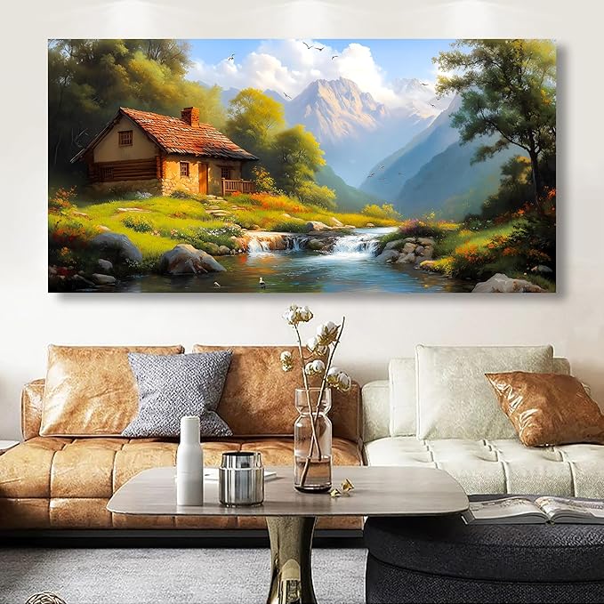 Country House Wall Art Bedroom Landscape Wall Decor Living Room,Oil Painting Green Forest Canvas Wall Art Office Farmhouse Artwork Modern Flowing Water SceneryWall Art Prints Pictures 20 * 40inch