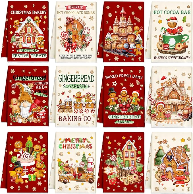 12 Pcs Christmas Kitchen Towels and Dishcloths Absorbent Christmas Tree Reindeer Truck Hand Dish Towels Decoration for Xmas Home Gift Supplies, 14.2 x 21.3 Inch(Classic Style)