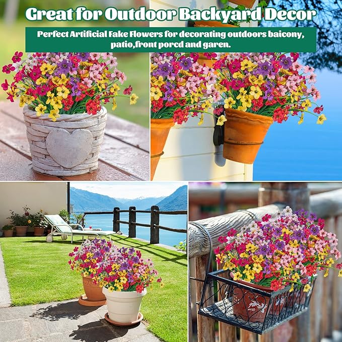 Lnoicy 24 Pcs Artificial Flowers for Outdoor,Plastic Flowers Decoration, UV Resistant Faux Flowers Shrubs, Artificial Plants for Indoor Outside Garden Home Wedding Farmhouse(6 Color)