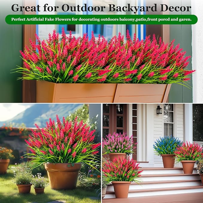 Artificial Flowers for Outdoor Plants 24 Bundles Fake Lavender Plastic Faux Monkey Grass for Verandah Window Garden Office Patio Front Porch UV Resistant for Planter(Hot Pink)
