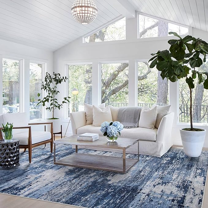 Area Rug Living Room Rugs: 5x8 Rug for Bedroom Machine Washable with Non Slip Backing Non Shedding Abstract Stain Resistant Large Carpet for Dining Room Nursery Home Office - Beige/Blue